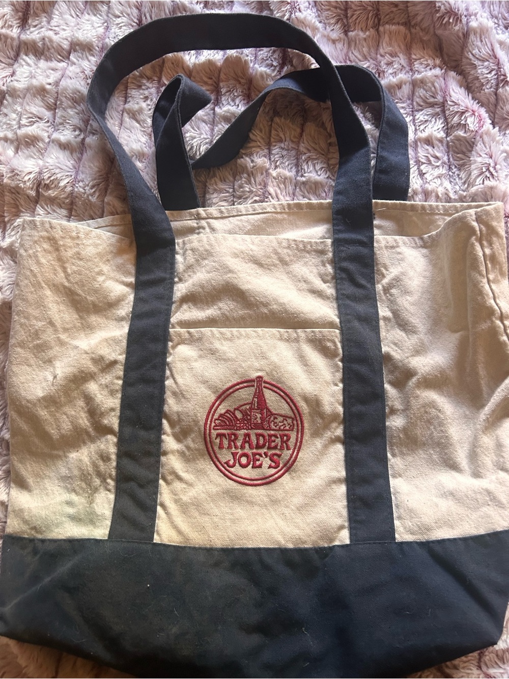 Beige and navy Canvas Duffel Tote